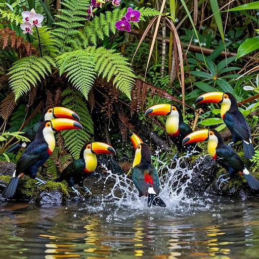 Toucans Socializing by Jungle Waterfall