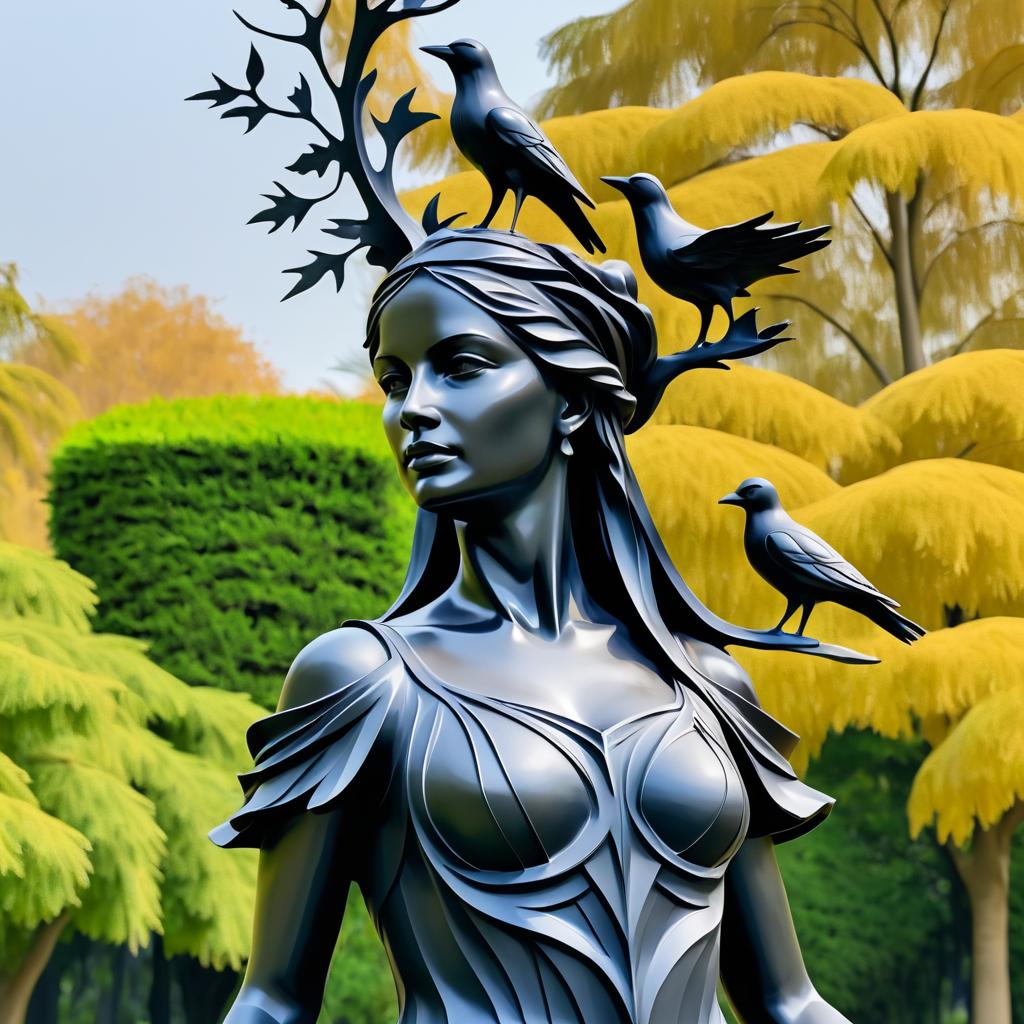 Abstract Woman Statue with Crow and Tree