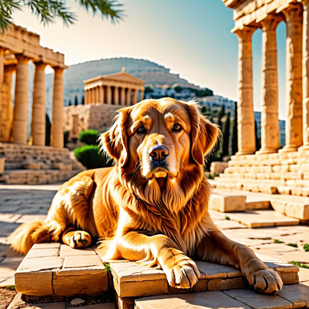 Cinematic Golden Retriever at Greek Temple