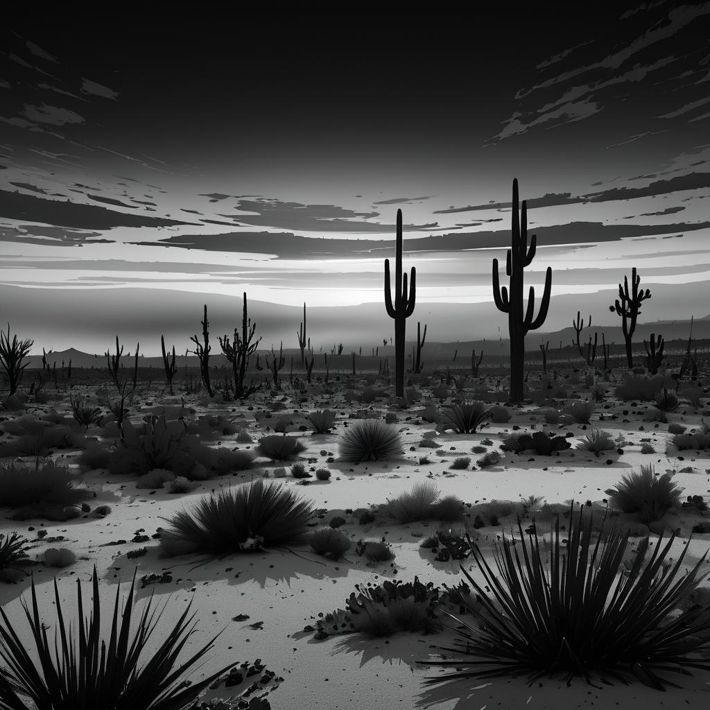 Surreal Monochrome Cactus Wasteland Landscape