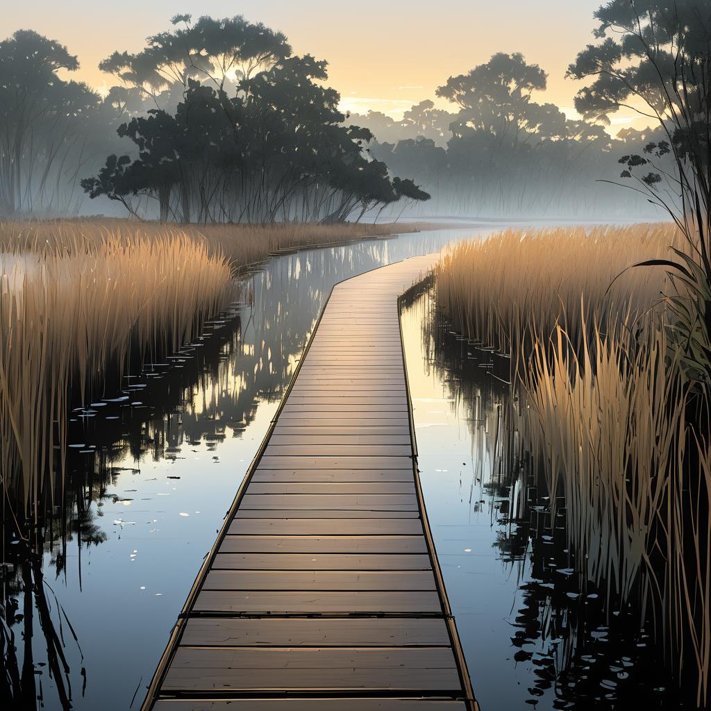 Tranquil Wetland Boardwalk at Dawn