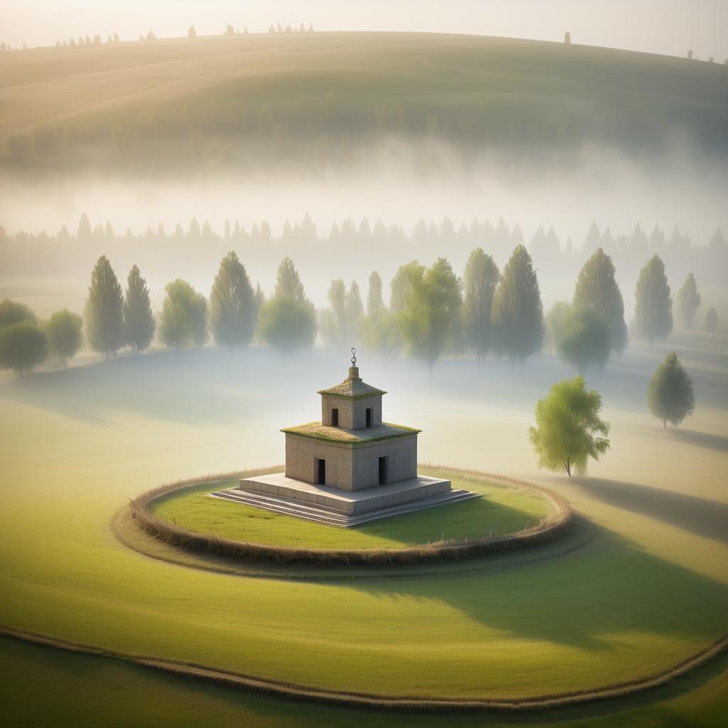 Mystical Temple in a Foggy Valley