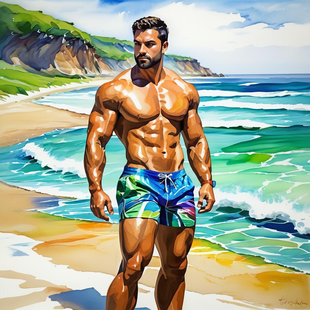 Muscular Man on a Lonely Beach