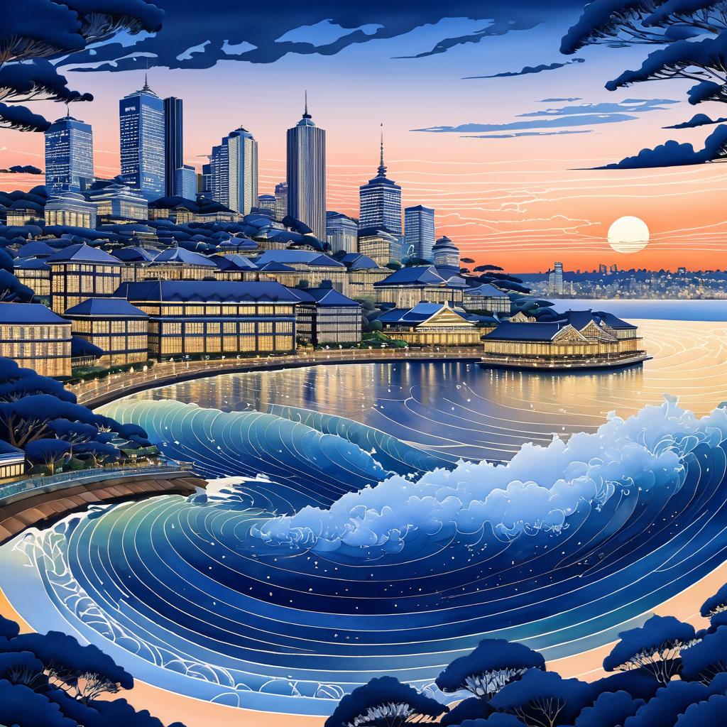 Intricate Sydney Dusk in Hokusai Style