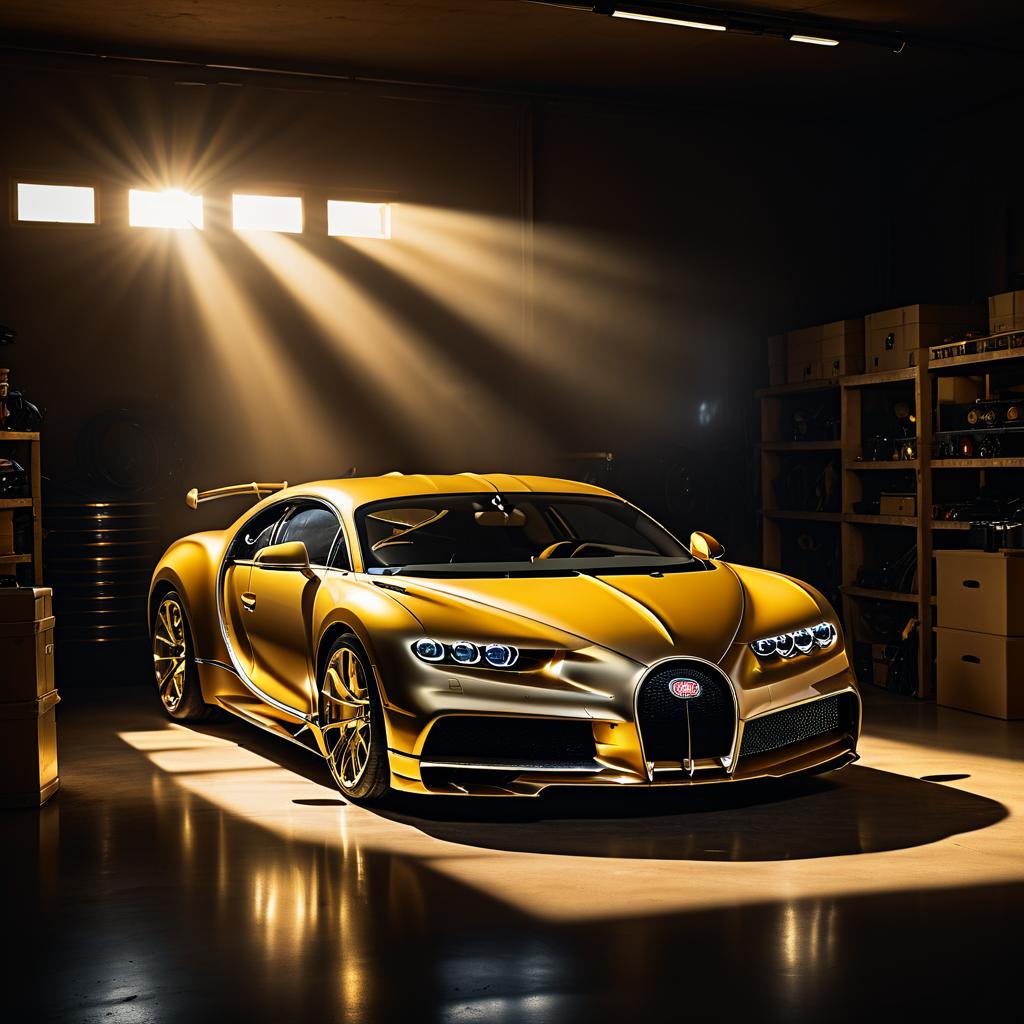 Cinematic Gold Bugatti in Dim Garage