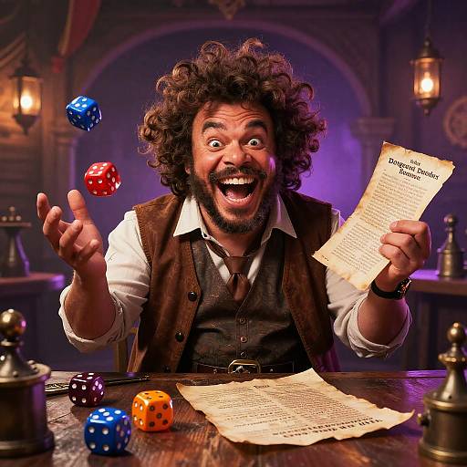 Excited bearded man with curly hair, brown vest, white shirt, holds dice and letter, surrounded by dice and papers, in dimly lit