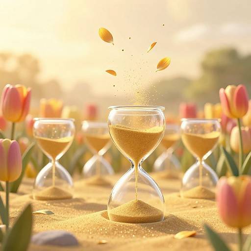 Photograph of glowing golden hour: central hourglass with sand flowing, surrounded by pink tulips, blurred background, and scattered petals.