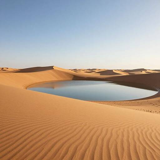 Photograph of a serene desert landscape with rippled sand dunes, a small reflective oases in the center, and a clear blue sky.