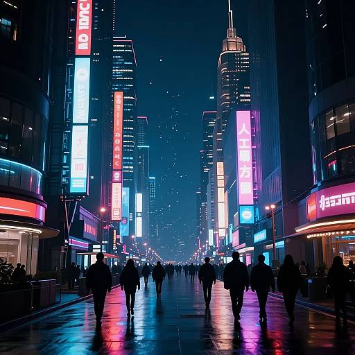 Neon-lit, futuristic city street at night, silhouetted pedestrians walking under vibrant, colorful vertical billboards on tall buildings, reflecting on