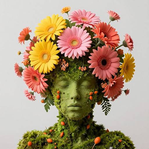 Surreal Moss-Crowned Floral Visage