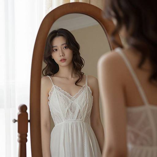 Photograph of a young Asian woman with wavy dark hair, wearing a white lace-trimmed nightgown, standing in front of a wooden