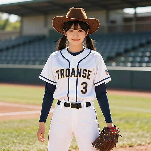 Female Baseball Player in Stadium with Cowboy Hat