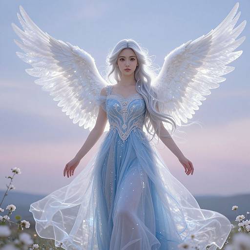 Photorealistic digital artwork of a fair-skinned, ethereal angel with long white hair, glowing blue dress, and radiant white wings, standing in