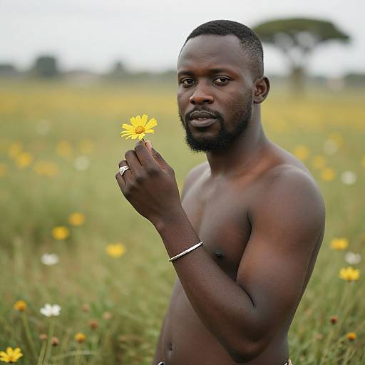 Photograph of a shirtless, muscular Black man with a trimmed beard, holding a yellow daisy in a sunlit, wildflower-filled field.