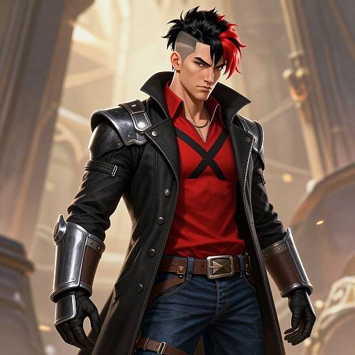 Digital artwork of a muscular, pale-skinned, punk-styled man with black and red hair, wearing a red X-cross shirt, black leather coat