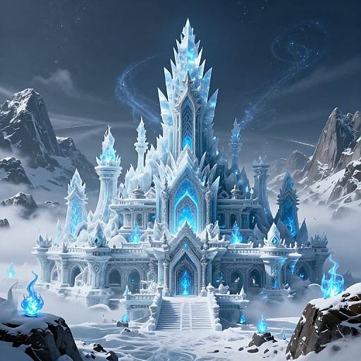 Digital fantasy artwork of an icy, glowing blue castle with spires and arches, surrounded by snow-covered mountains and swirling blue flames.