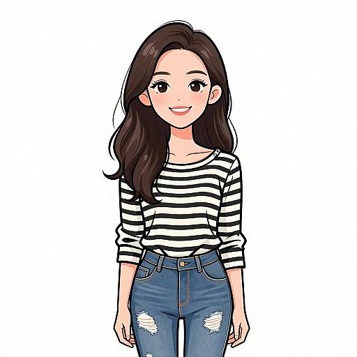 Smiling Woman in Striped Top and Distressed Jeans