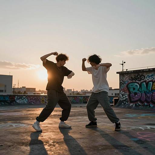 Youthful Street Dancers on Urban Rooftop at Sunset