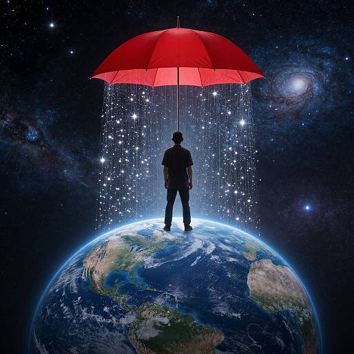 Silhouetted figure under red umbrella, standing on Earth, with starry space and falling sparkles in background. Digital art.