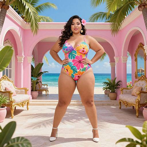 Baroque Style Plus-Size Woman at Beachside Villa