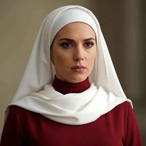 Photograph of a serious young woman with light olive skin, dark eyebrows, and brown eyes, wearing a white hijab and maroon turtleneck
