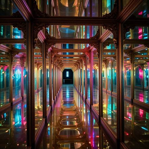 Photograph of a vibrant, neon-lit, glass corridor with ornate, gold-trimmed frames reflecting colorful lights, leading to a dark,