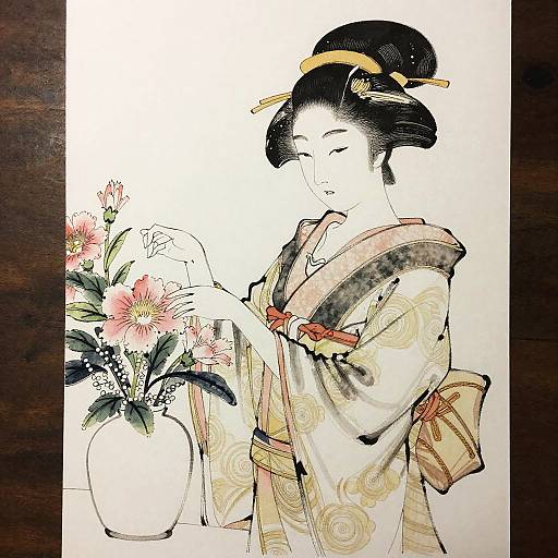 Elegant Geisha Flower Arrangement Coloring