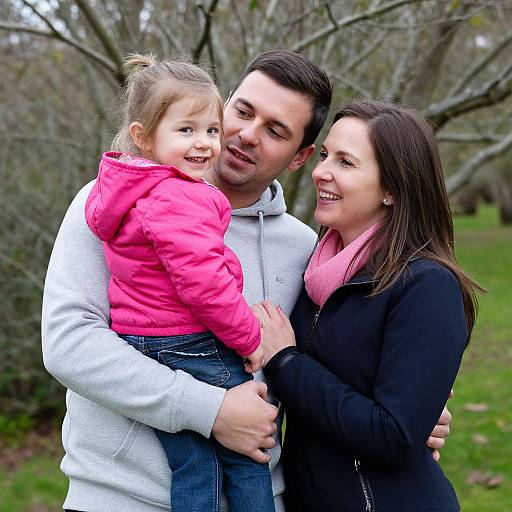 Photograph of a smiling family: father with short dark hair, light gray hoodie, hugging daughter in pink jacket, mother with long dark hair,