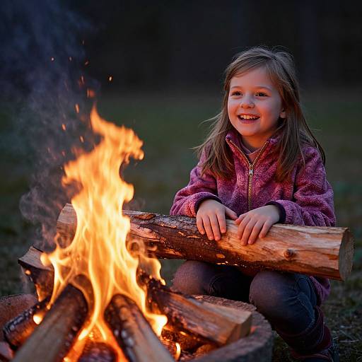 Smiling Girl by Campfire Holding Log