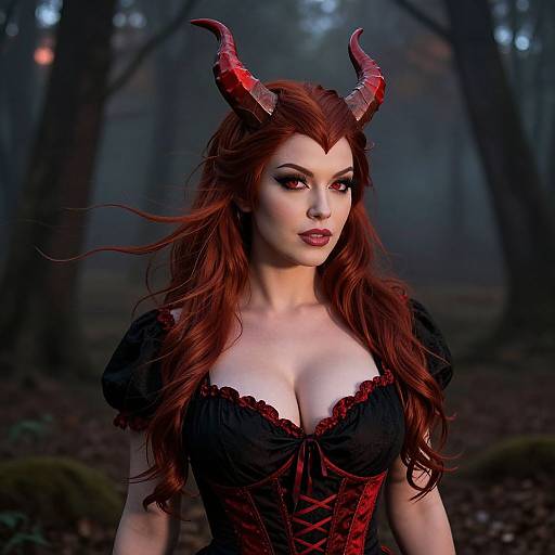 Photorealistic CGI of a red-haired woman with large red horns, wearing a black corset with red lace, in a dark, misty forest