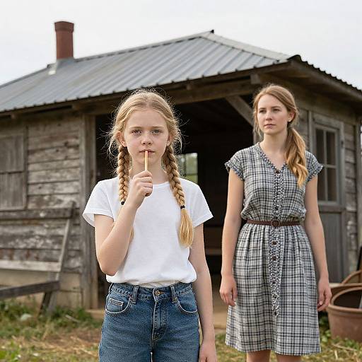 Photograph of two young girls standing in front of a rustic wooden house; one with braids, white shirt, denim shorts, finger to lips;