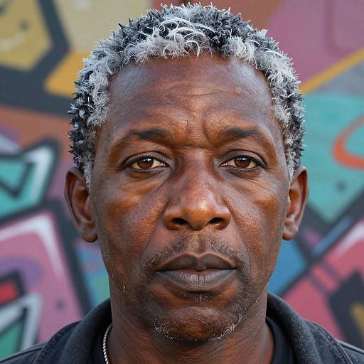 Close-up photograph of a serious, dark-skinned Black man with short, curly, white-tipped hair, against a colorful, graffiti-covered background.