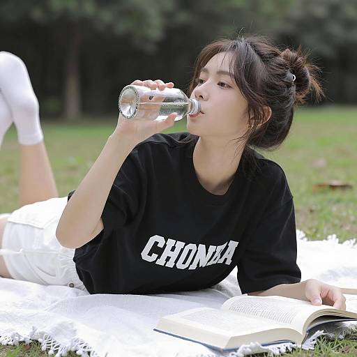Young Woman Relaxing Outdoors with Book