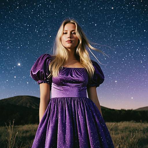 Blonde Woman in Purple Dress Under Stargazing Sky