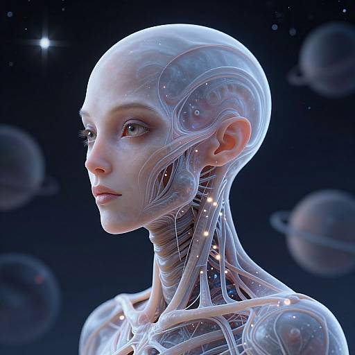 Digital CGI of a translucent, futuristic human with glowing neural networks, set against a dark, starry space background with planets.