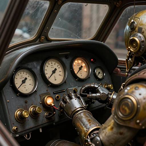 Photograph of a vintage, steampunk-style car dashboard with brass and copper mechanical controls, three analog gauges, and raindrops on the windshield
