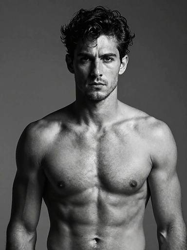 Black-and-white photograph of a muscular, shirtless man with curly hair, defined abs, and a serious expression against a gray background.