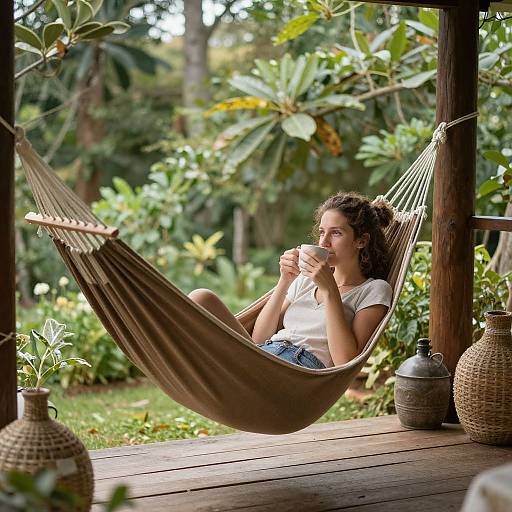 Photograph of a curly-haired woman in a white t-shirt and denim shorts, sipping tea in a beige hammock on a wooden deck, surrounded