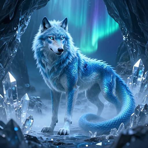 Fantasy Dragon Wolf Hybrid in Crystal Cave