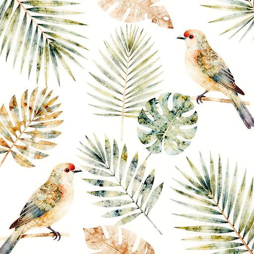 Tropical Palm Leaves and Exotic Birds Fabric