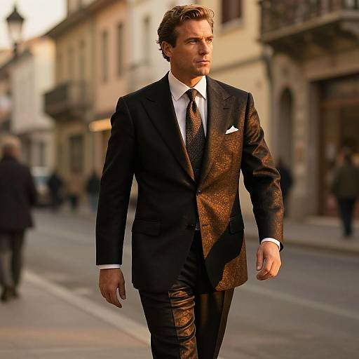 Photograph of a handsome Caucasian man with short brown hair, wearing a black suit, white shirt, and patterned tie, walking down a sunlit