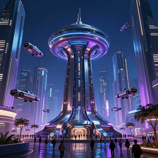 Futuristic Cityscape with Pomne Monument and Flying Vehicles