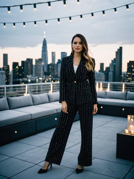 Woman in Chic Pant Suit on Rooftop with City Skyline