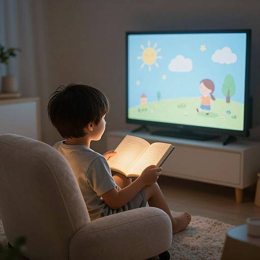 Photograph of a young boy with short brown hair, in a gray shirt, reading a book while watching a colorful children's TV show on a flat