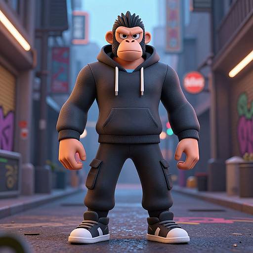 CGI image of an anthropomorphic, muscular monkey in a black hoodie and pants, standing confidently in a neon-lit, graffiti-covered urban alley.