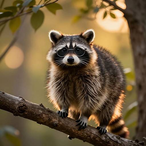 Photograph of a cute, fluffy raccoon with striking black-and-white face, standing on a tree branch, surrounded by blurred autumn leaves and warm sunlight