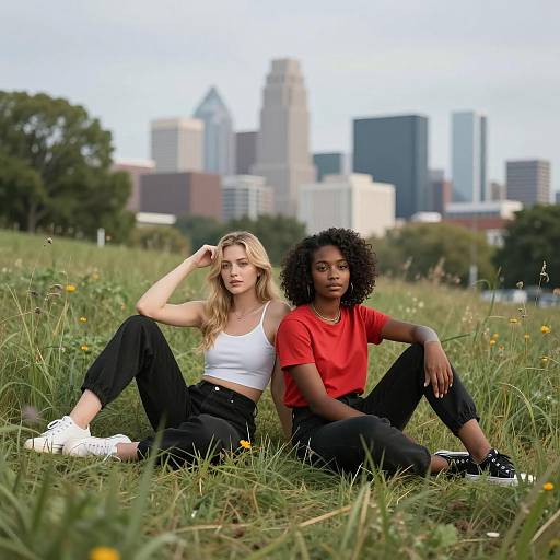 Two Women Sitting in Tall Grass with City Skyline