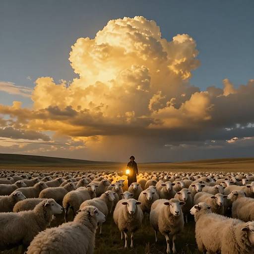 Photograph of a shepherd with a glowing lantern surrounded by a flock of sheep under a dramatic, golden-clouded sunset sky.
