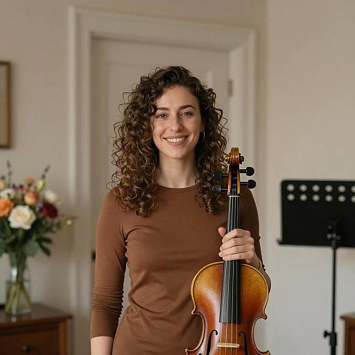 Smiling Woman with Violin Indoors