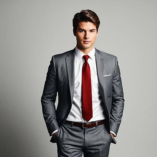 Confident man in grey suit with red tie